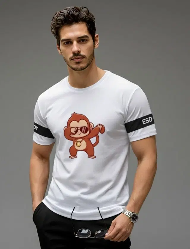 Polyester Printed T-shirt for Men, White (XL)