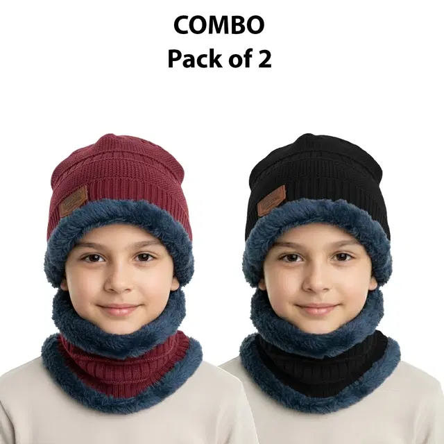 Woolen Solid Cap with Neck Wramer for Kids, Pack of 2, Multicolor