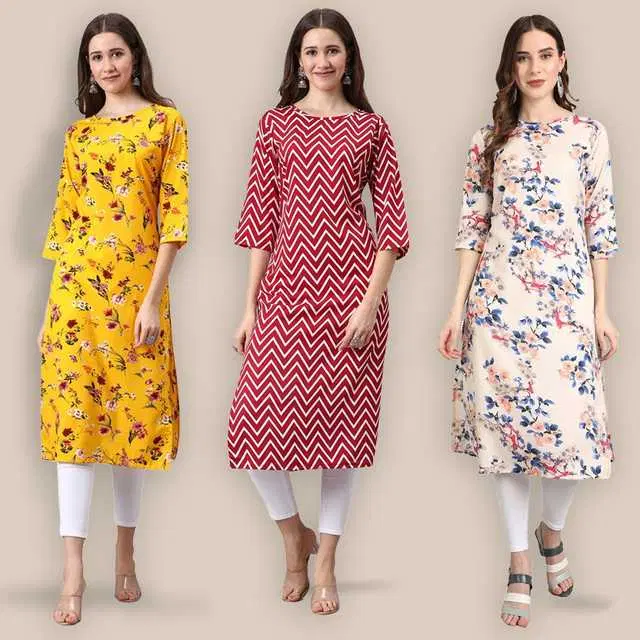 Women Crepe Printed Kurta, Pack Of 3 (Multicolor, L) (SD-391)