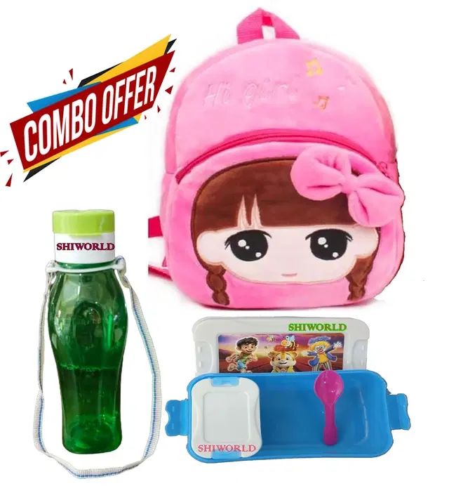 Combo of Fabric School Bag, Water Bottle with Lunch Box for Kids, Multicolor, Set of 3
