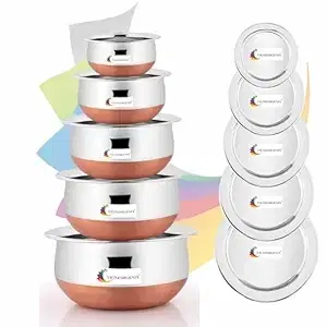 Stainless Steel Copper Bottom Handi Pot Set with Lid, Silver & Beige, Set of 5