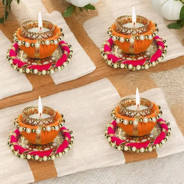 Metal Designer Tealight Candle Holder, Multicolor, 8x8x4 cm, Pack of 4