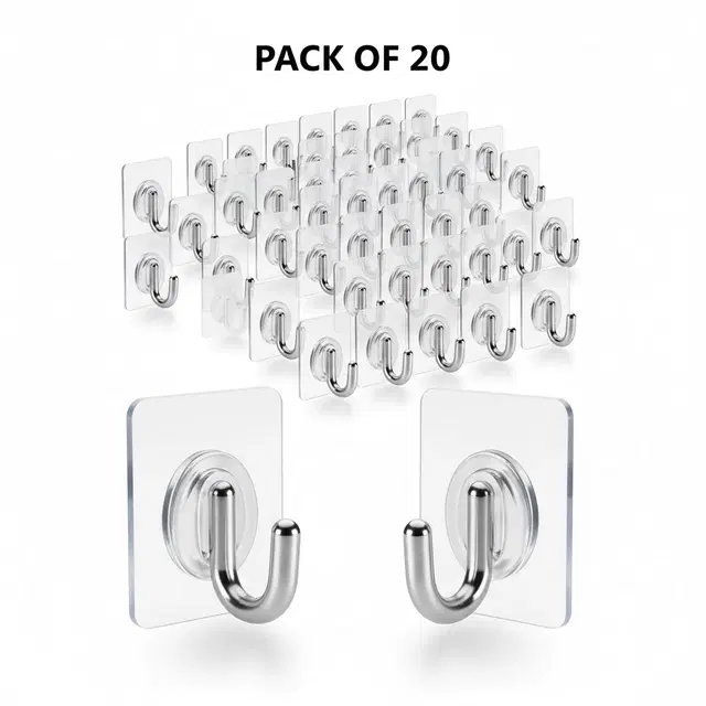 Plastic Wall Hooks, Transparent (Pack of 20)