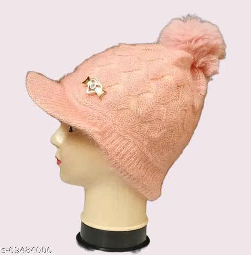 Woolen Cap for Women (Peach, Free Size)