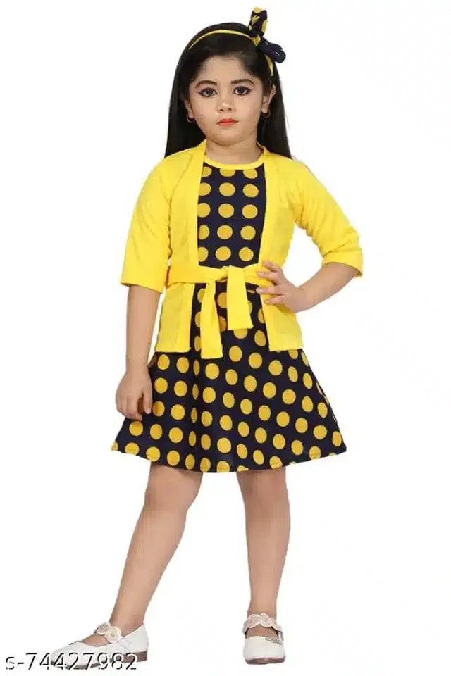 Crepe Frock for Girls (Yelllow & Black, 5-6 Years)