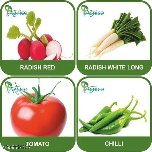 4 Vegetable Seeds Combo With Instruction Manual(Radish Red/Radish White Long/Tomato/Chilli)
