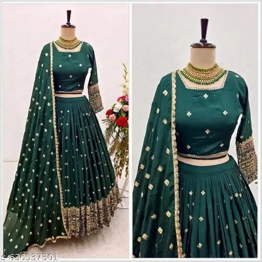 Embroidered Lehenga Choli for Women (Dark Green, Semi Stitched)