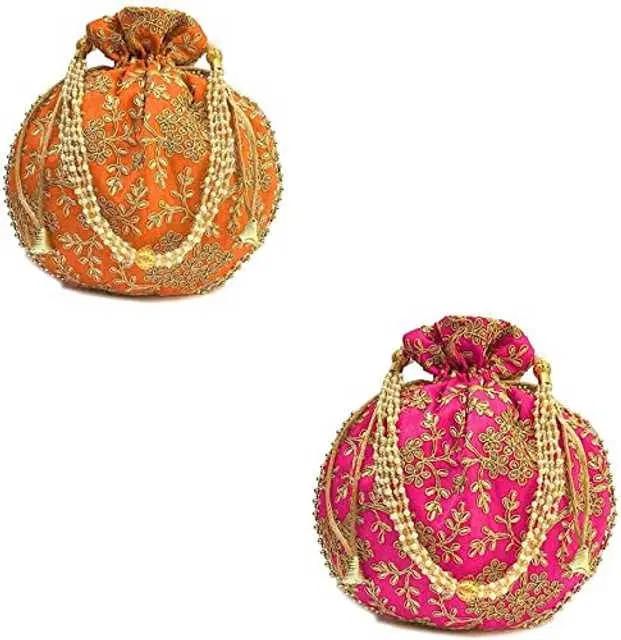 Cotton Silk Ethnic & Traditional Handheld Potli for Women, Orange & Pink, Pack of 2, A-06