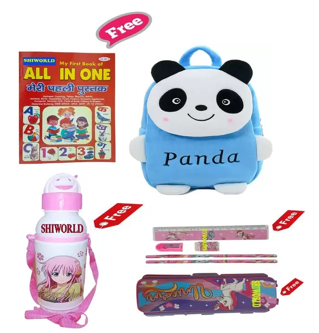 Combo of Kids Cartoon Bag Backpack, All In One Book, Water Bottle & Gift Set Geometry Set, Multicolor, Set of 1