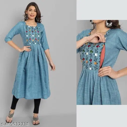 Botanical Embroidered Maternity Kurti (Blue, XL)