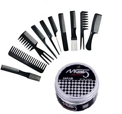 Plastic 10 Pcs Hair Care Comb Set with MG5 Hair Wax, Black, Set of 2