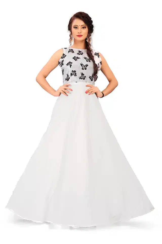 Women's Floral Print Flared Anarkali Gown (White, S)