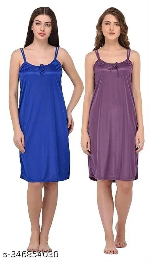Satin Solid Nightdress for Women, Blue & Purple, Pack of 2 (S)