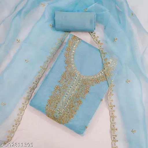 Organza Embroidered Floral Patiala Suits for Women (Blue, Un Stitched)
