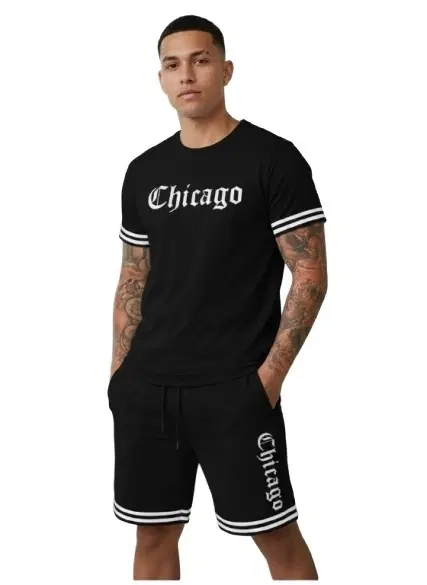 Polyester Chicago Printed T-shirt With Matching Shorts, Black (XL)