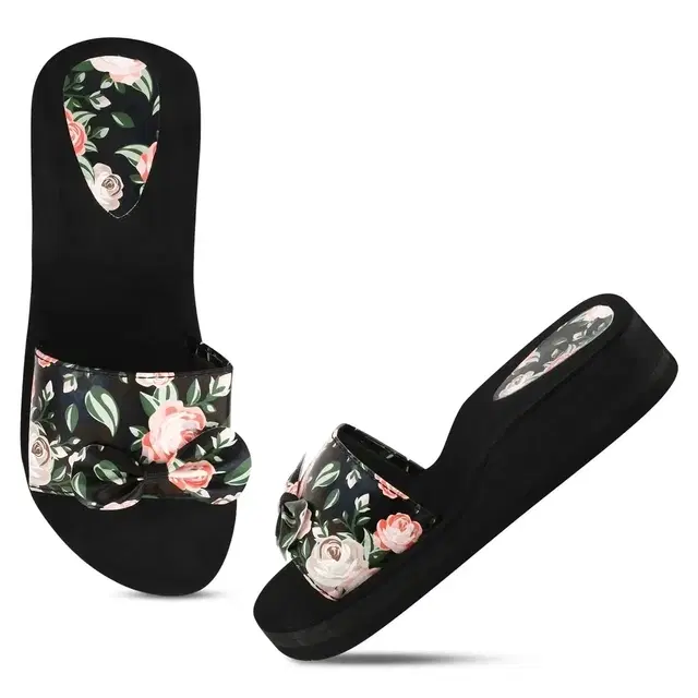 Stylish Slippers for Women with Floral Bow (Black, 7)