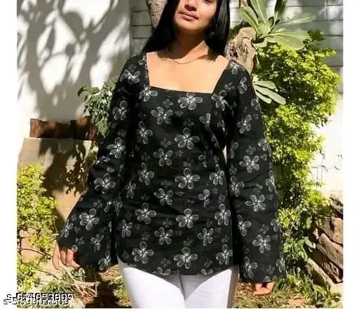 Rayon Printed Short Kurti for Women, Black (L)