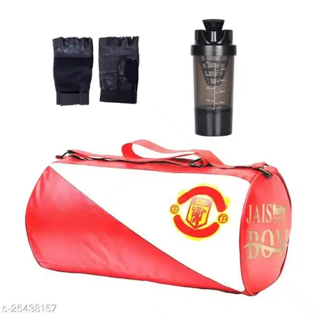 Combo of Gym Bag with Shaker Bottle, 400 ml, Gloves, Multicolor, Set of 3