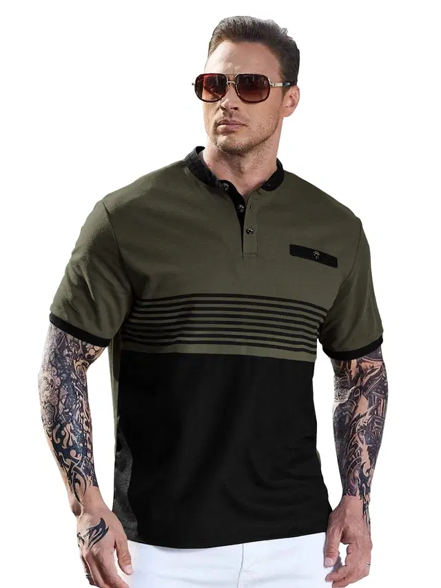Mandarin Neck Striped Cotton T-shirt for Men (Grey, S)