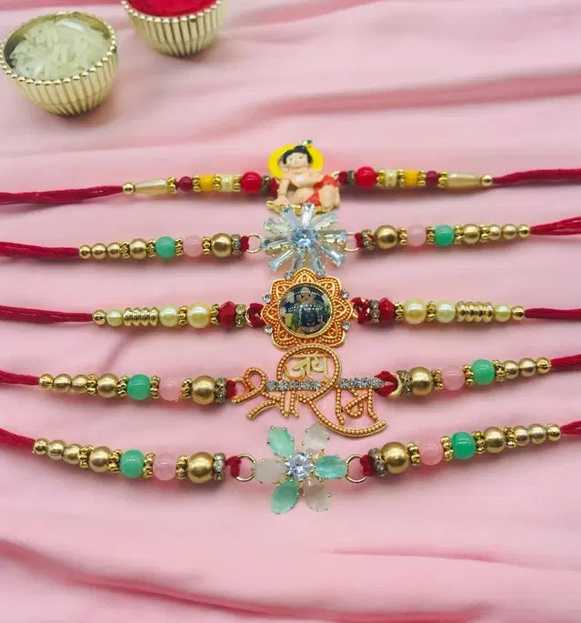 Handmade Designer Rakhi with Roli Chawal, Multicolor, Pack of 5