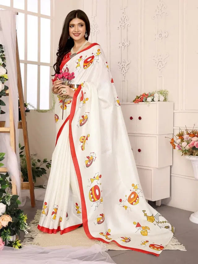 Kalamkari Printed Assam Silk Saree with Blouse for Women (White, Free Size)