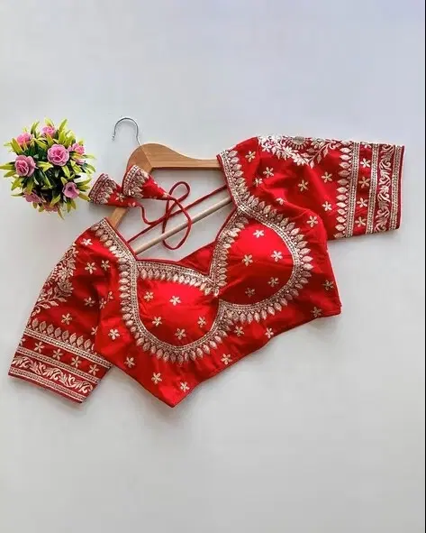 Silk Embroidered Blouse for Women, Red (Free Size)