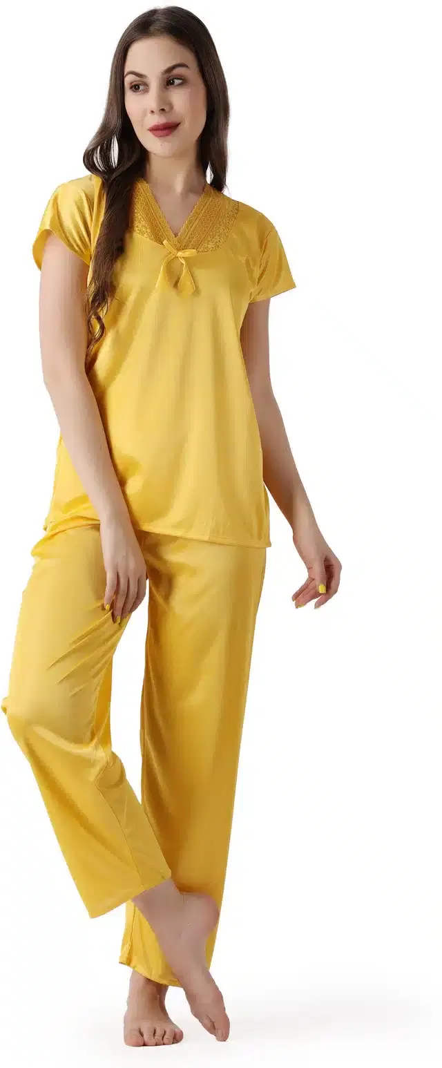 Satin Solid Night Suit for Women (Yellow, M)