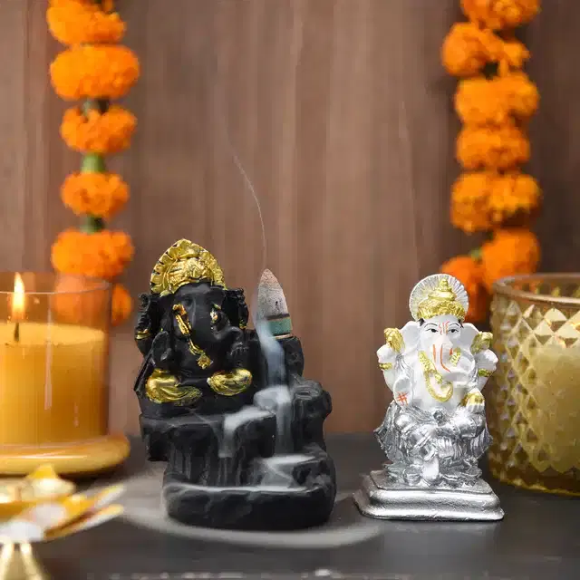 Lord Ganesha Fountain Diffuser with Lord Ganesha Idol, Multicolor, 4 inches, Set of 2