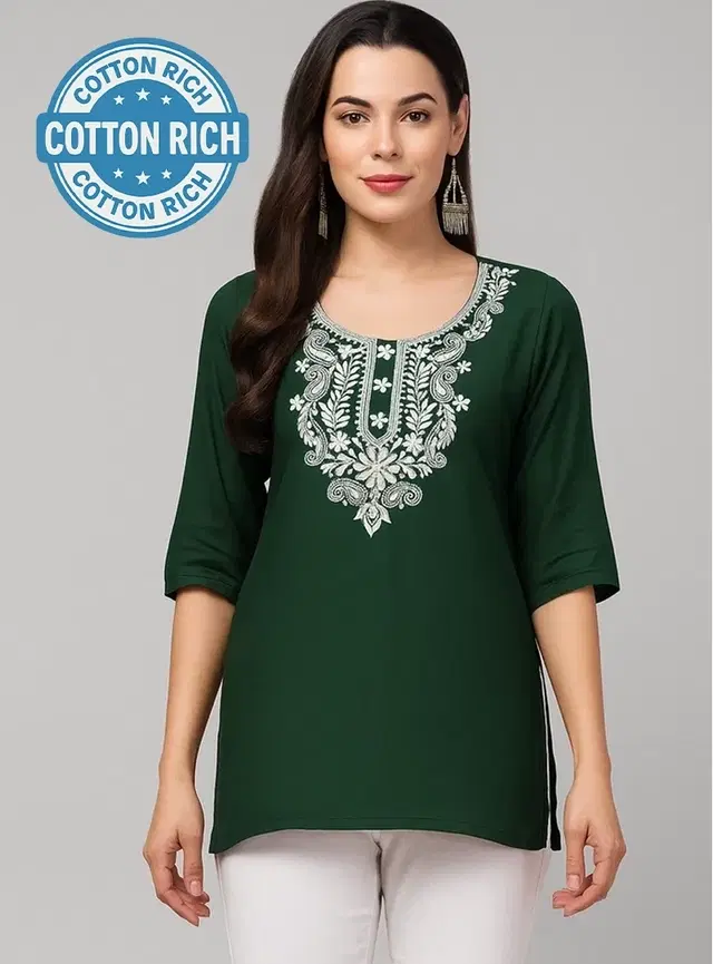 Cotton Embroidered Short Kurti for Women, Green (S)