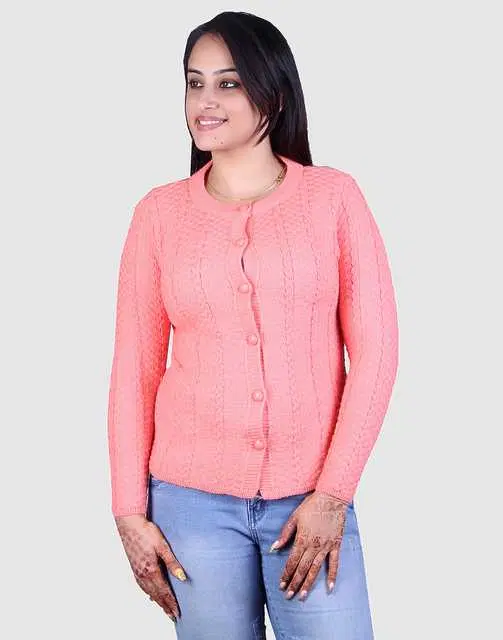 Women's Full Sleeves Cardigan (Peach, M) (M1)