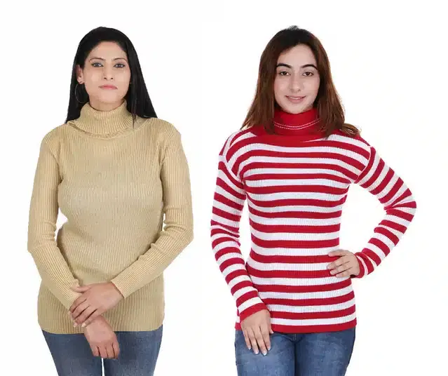 Full Sleeves Solid Sweater for Women, Pack of 2 (Beige & Red, S)