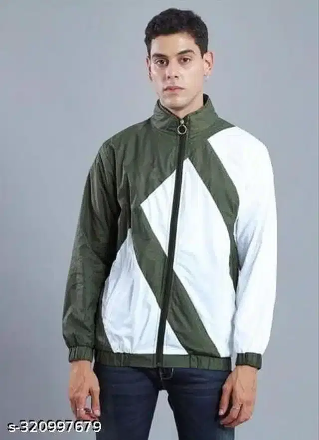 Polyester Jacket for Men (Olive & White, L)