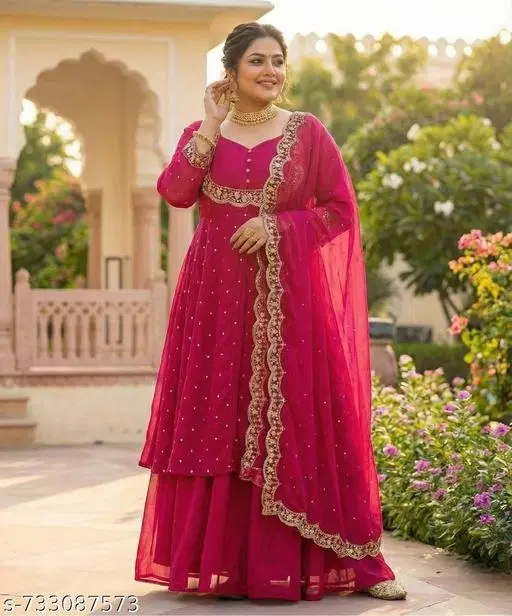 Embellished Dupatta Set for Women (Pink, S)