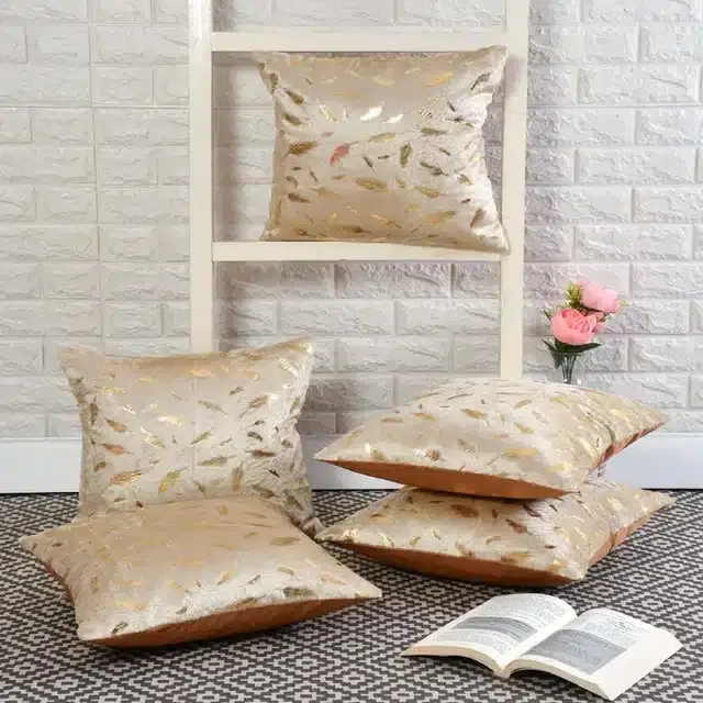 Velvet Cushion Covers with Back Zipper, Cream, 16x16 Inches, Pack of 5