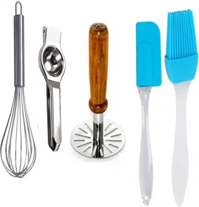 Combo of Spatula Set, Potato Masher, Whisker & Lemon Squeezer, Pack of 5, Multicolor