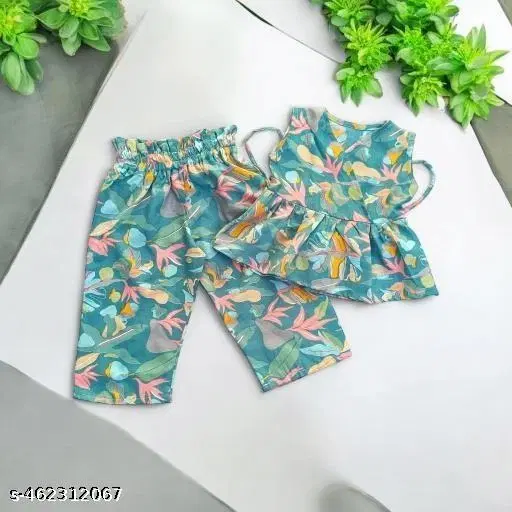 Cotton Polyester Printed Clothing Set for Girls, Green, Pack of 2 (11-12 Years)