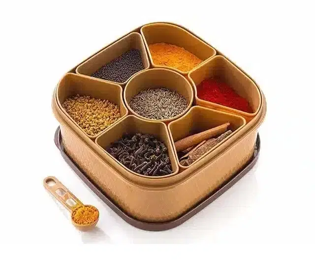 The Dark Wolf Masala Rangoli Box Dabba For Keeping Spices, Spice Box For Kitchen, Masala Container, Plastic Wooden Style, 7 Sections, Multi Colour