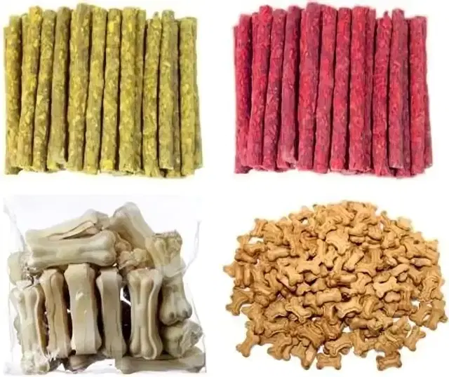 SAWAY Jumbo Combo - Mutton Munchies(100gm)+Chicken Munchies(100gm)+Small Biscuits(100gm)+ 3 Inch Bones(100gm), Pack of 4.