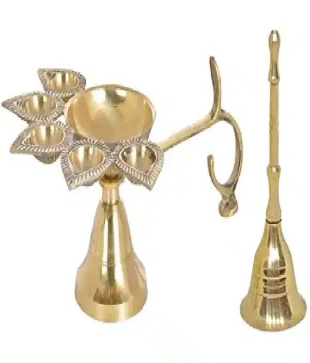 Brass Panchmukhi Deepak & Pooja Bell, Set of 2, Gold