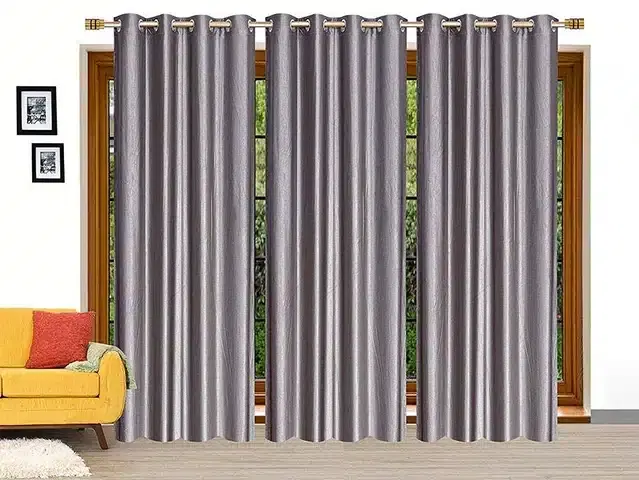 Polyester Solid Door & Window Curtains, Pack of 3, Grey, 7 feet