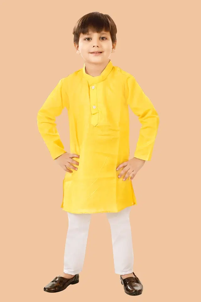 Cotton Blend Solid Kurta with Payjama for Boys, Yellow & White (0-3 Months)