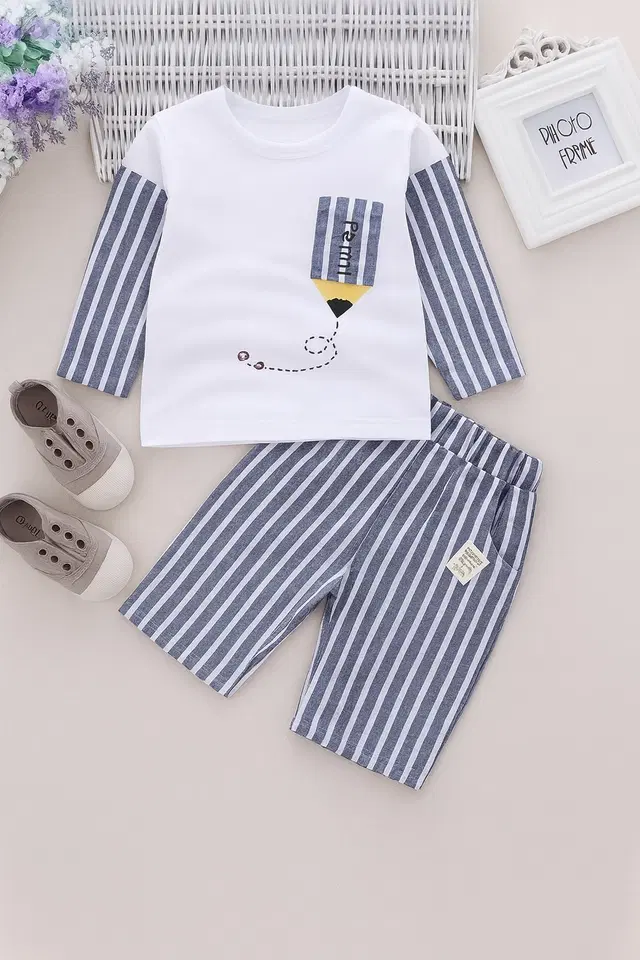 Cotton Blend Printed Clothing Set for Kids, White & Blue (6-12 Months)