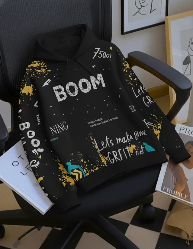 Fleece Printed Hoodie for Men, Black (M)