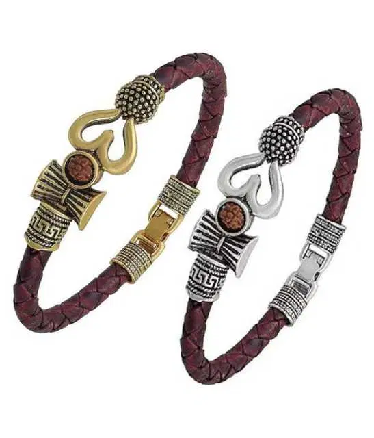 BHARDWAJ RETAILS OM Trishul Damroo Designer Oxidized Gold Leather Kada Bracelet, Pack of 2 (Assorted) (BR72)