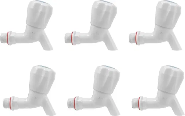 Plastic Short Body Bib Cock Tap with Wall Flange, White, Set of 6