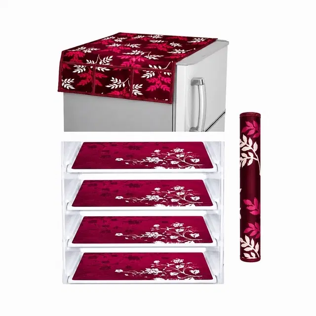 Knit 6 Pcs Fridge Cover [Wine, Set of 1] 4 Pcs Mat With 1 Handle cover & 1 Top Cover