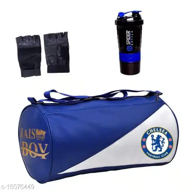 Combo of Gym Bag with Shaker Bottle, 600 ml, Gloves, Multicolor, Set of 3