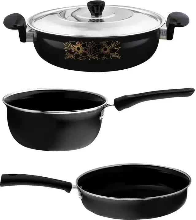 Non Stick Kadai, Stainless Steel Lid & Frying Pan with Saucepan, Black, Set of 3