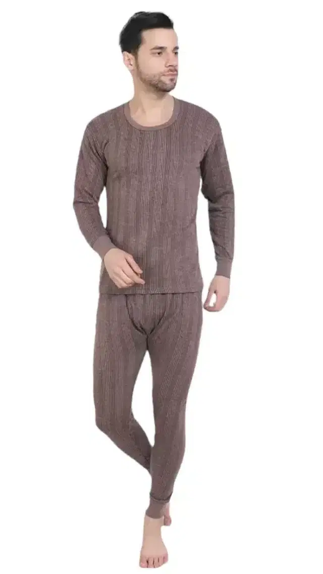 Cotton Blend Solid Thermal Set for Men (Brown, S)