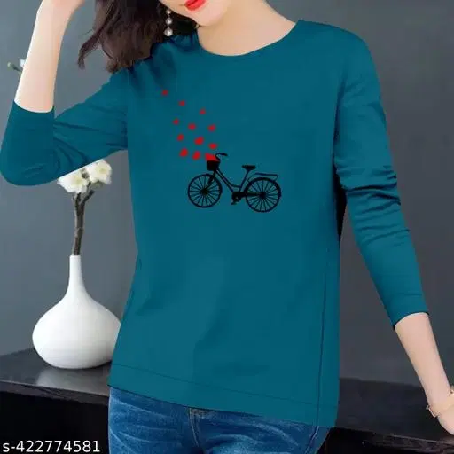 Cotton Blend Printed Sweatshirt for Women (Teal, XS)